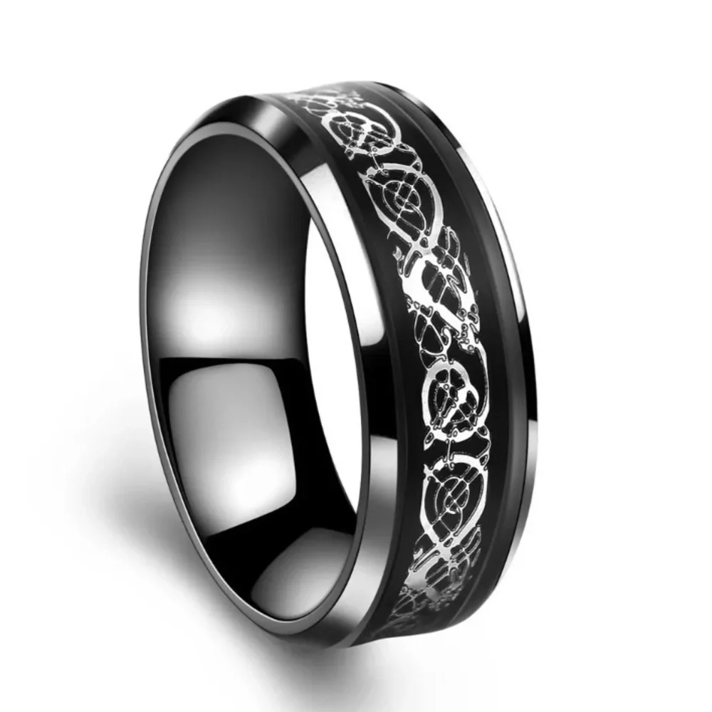 Silver Tungsten Black Dragon Carbon Fiber Inlay 8mm Wide Beveled Edge Band Ring